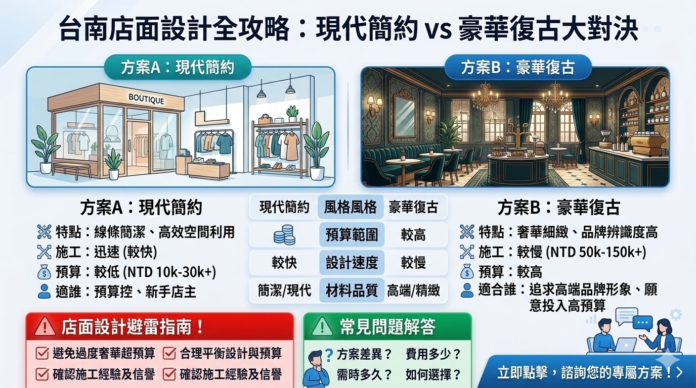 在選擇台南店面設計時，風格和預算是關鍵考量因素。現代簡約風格提供快速、經濟的設計選擇，適合預算有限的店主，而豪華復古風格則適合高端品牌，能打造出吸引顧客的獨特氛圍。無論是對於新手店主或是尋求高端效果的企業，選擇合適的台南店面設計不僅能提升品牌形象，還能提升顧客體驗，助力商業成功。