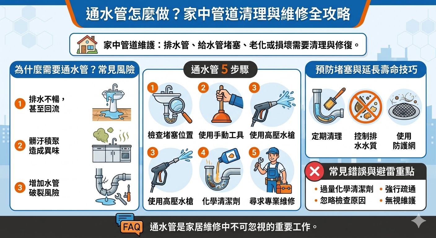 通水管是解決家中排水管道堵塞問題的重要工作，常見於排水不暢或水管回流等情況。通水管能有效清理管道內的髒汙、油脂或異物，預防管道損壞。無論是自己動手處理還是尋求專業水管工協助，了解通水管的過程與步驟，能幫助你快速解決排水問題，避免水管破裂和水損問題。