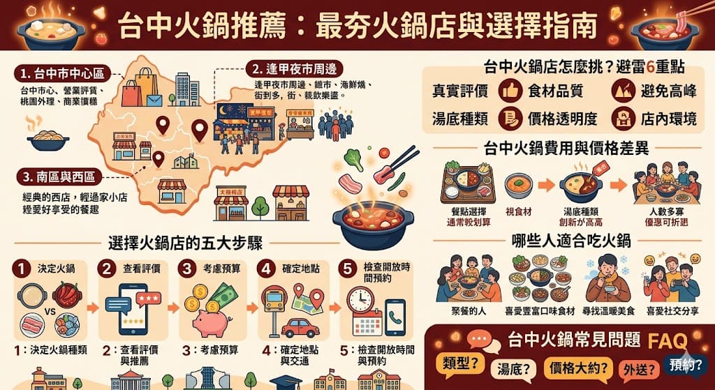 台中火鍋是當地非常受歡迎的美食之一，無論是寒冷季節還是聚會時光，火鍋都是人們最喜愛的選擇。這篇文章將介紹台中火鍋的多種選擇，包括各式湯底和食材，幫助你挑選最合適的火鍋店。我們會深入分析台中火鍋店的位置、費用、特色，並給出挑選火鍋店的實用建議，讓你在台中享受一次美味的火鍋盛宴。